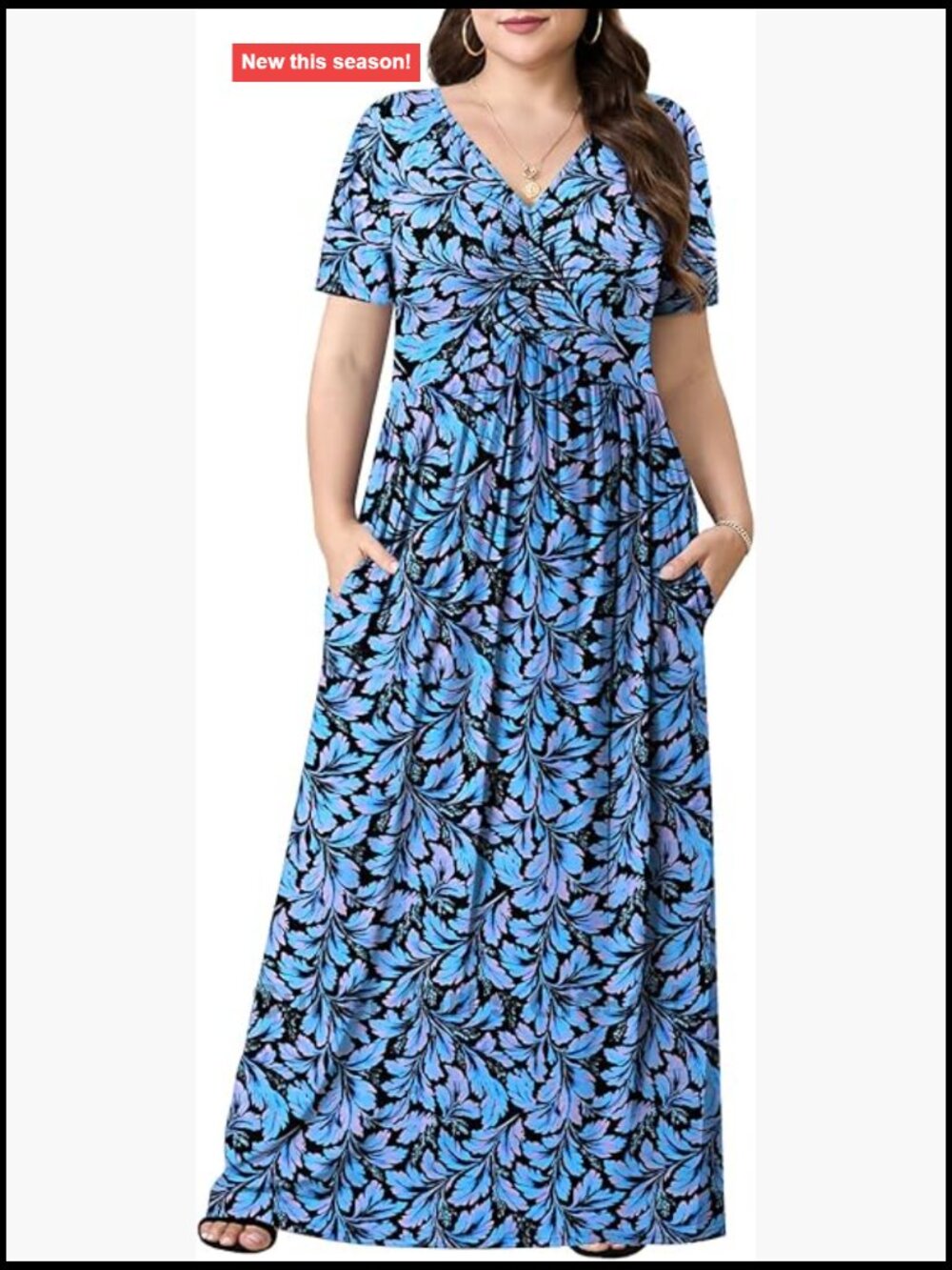 Plus Size Maxi Dress V-Neck Short Sleeve Long Dress with Pockets Rayon Spandex